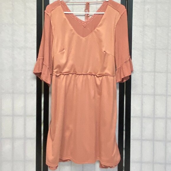 Maurices Ruffled 3/4 Sleeve V Neck Crochet Bodice Open Back Tie Crinkle Dress L - Picture 6 of 14